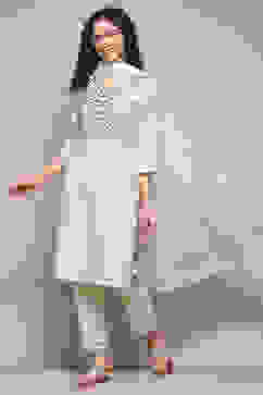 Off White Cambric Narrow Kurta Pant Suit Set image number 0