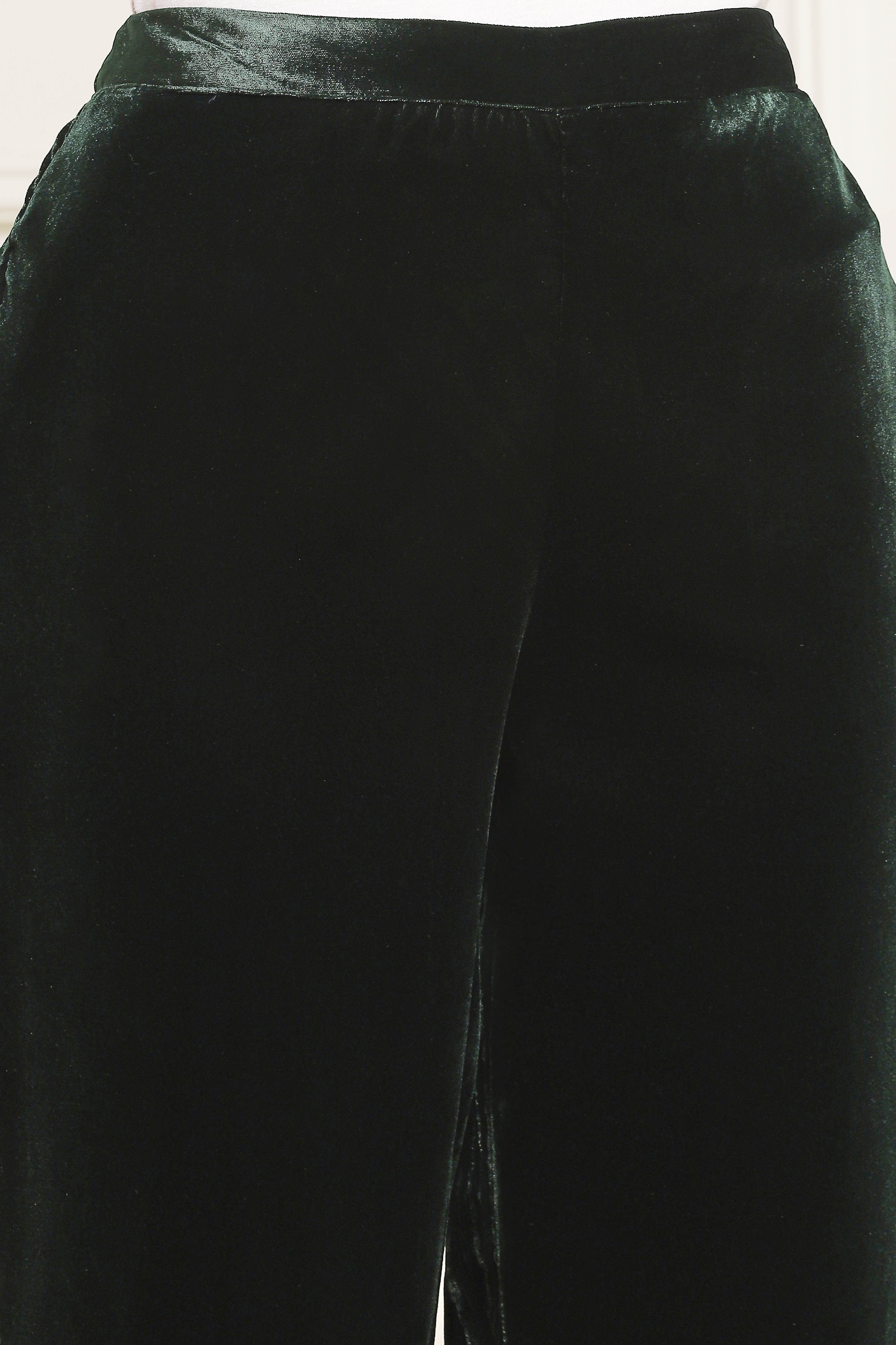 Dark Green Velvet Straight Winter Kurta Set image number 2