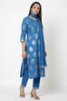 Royal Blue Cotton Straight Kurta Pant Suit Set image number 3