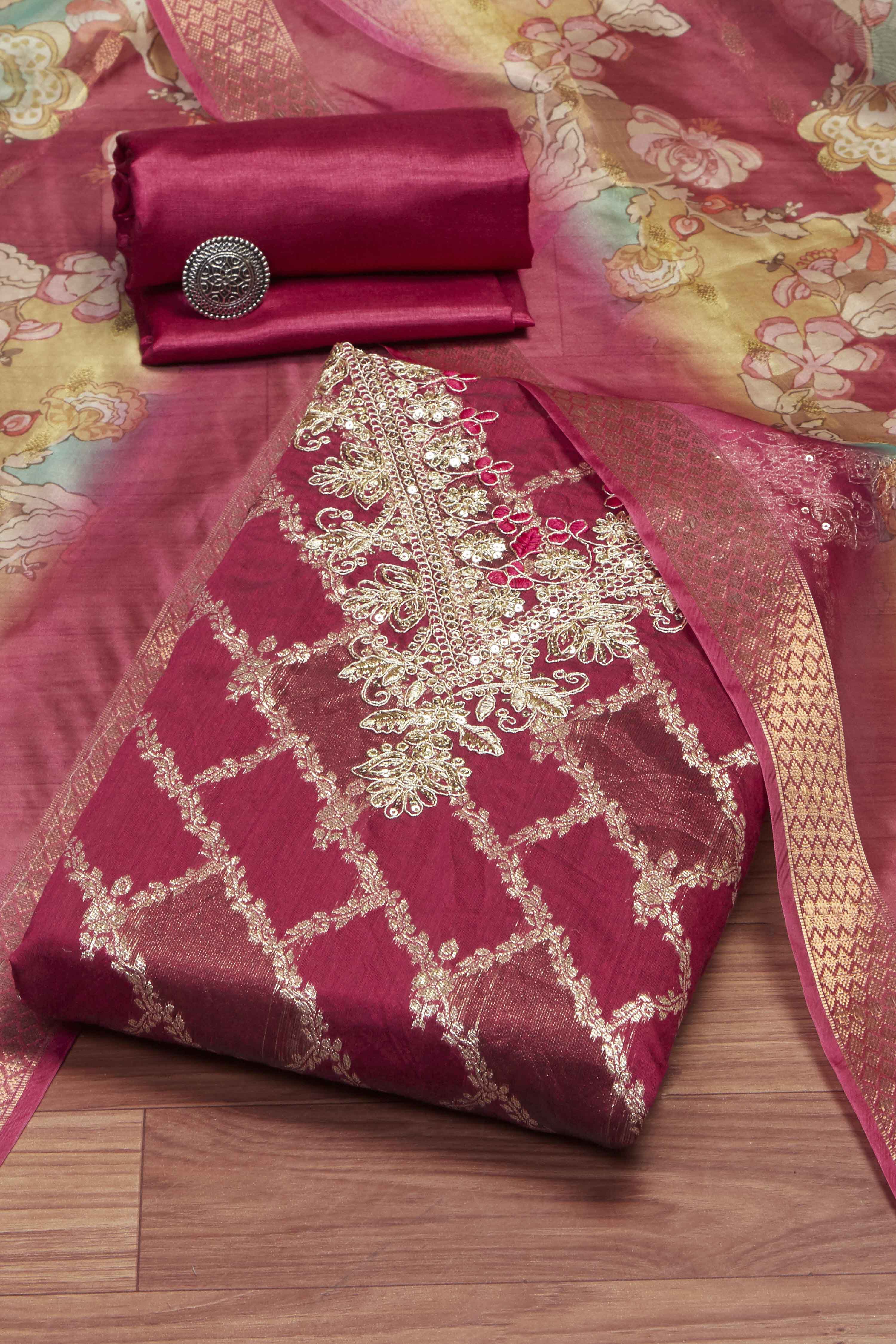 Blue Cotton Printed Embroidered Unstitched Suit Set image number 0