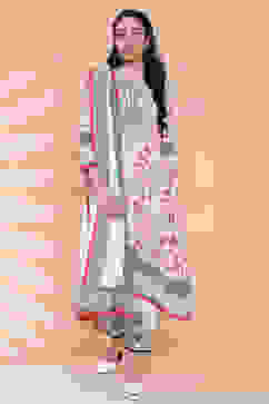Off White Viscose Straight Kurta Pant Suit Set image number 6