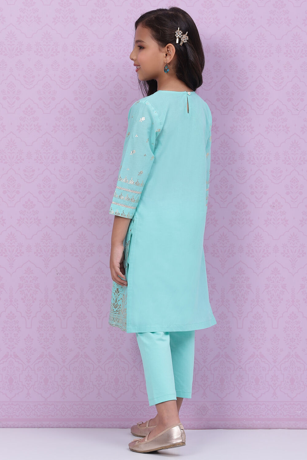 Blue Cotton Straight Printed Kurta Set image number 4