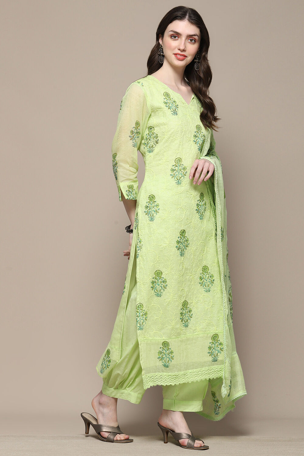 Pista Green Cotton Blend Unstitched Suit set image number 7