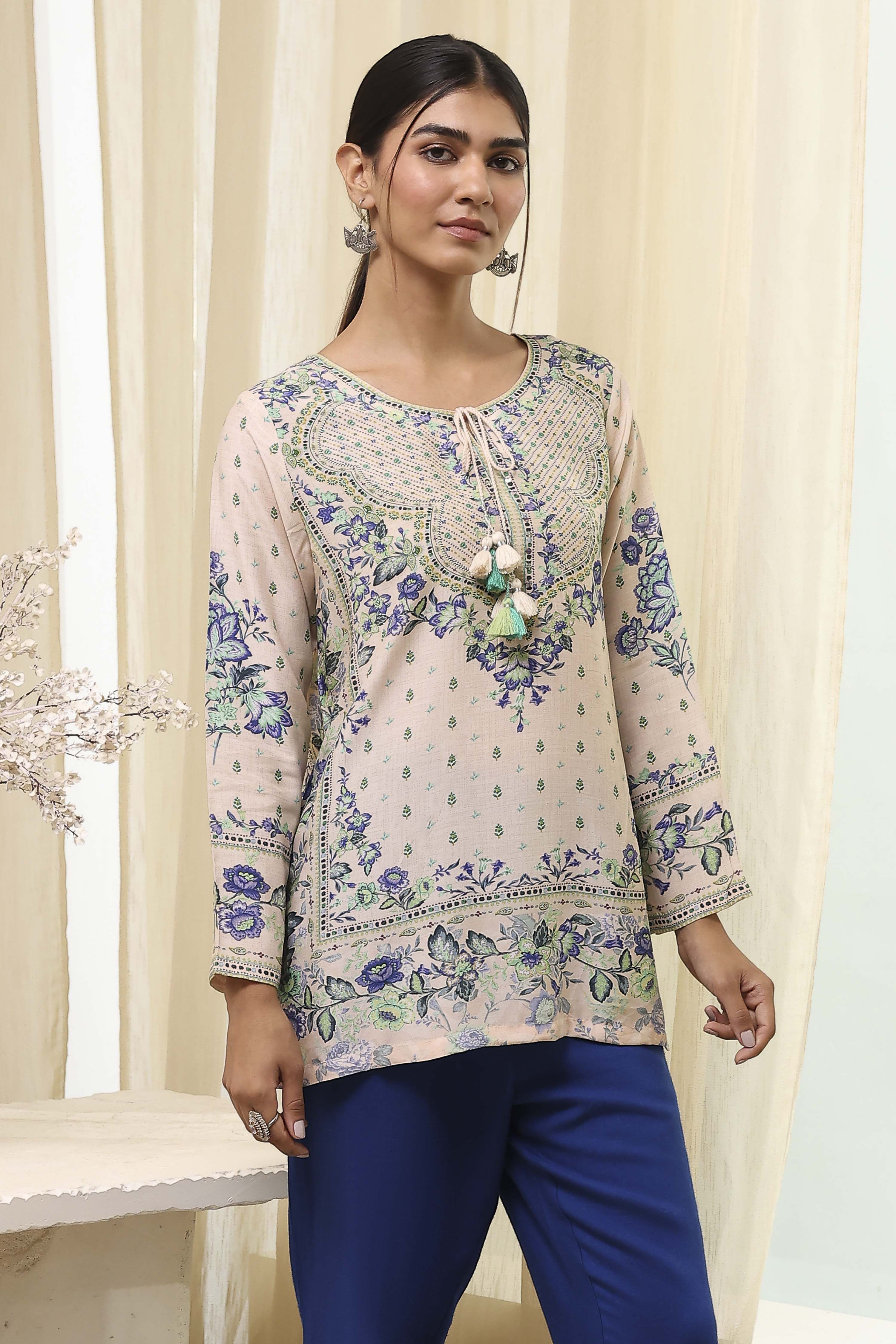 Off-White and Pink Modal Blend Straight Short Kurta image number 0