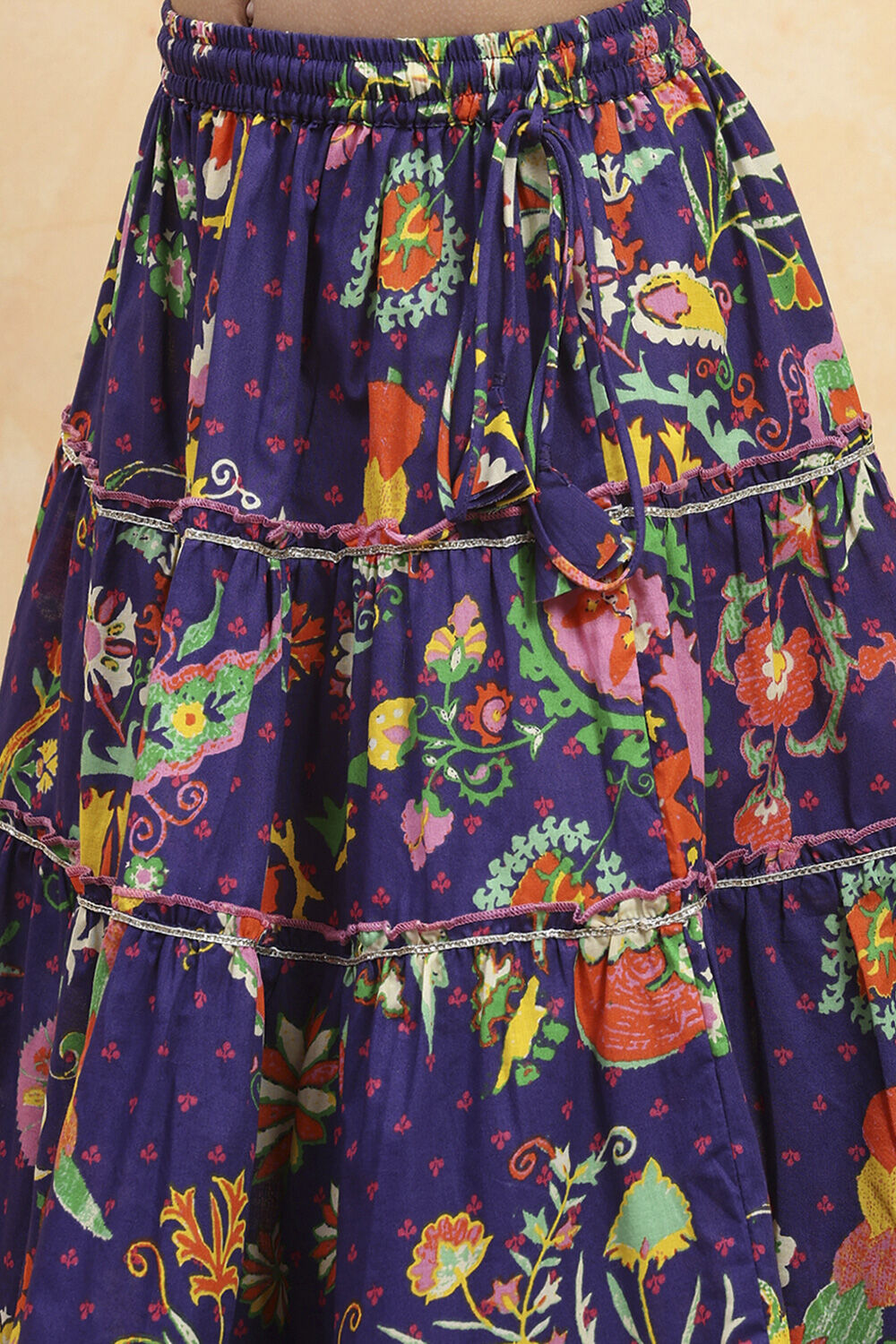 Purple Cotton Printed Tiered Lehenga Set image number 2