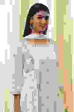 Cream-Colored Cotton Foil Printed Kalidar Suit Set image number 1