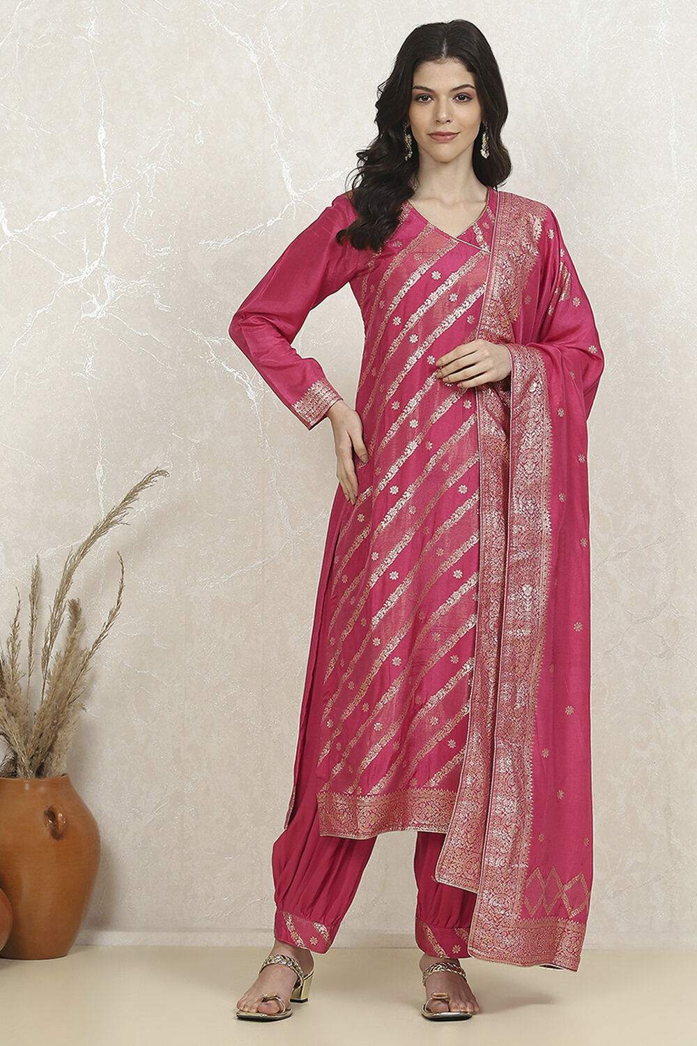 Pink Cotton Printed Embroidered Unstitched Suit Set image number 7