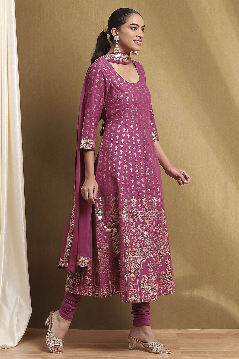 Plum Cotton Printed Anarkali Suit Set image number 5