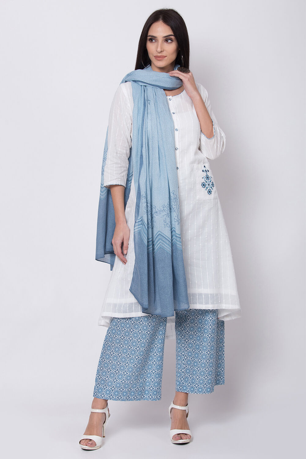 White And Blue Cotton A-Line Kurta Palazzo Suit Set image number 0