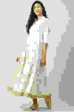 Off White Cotton Flared Fusion Printed Dress image number 2