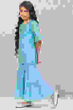 Marine Blue Art Silk Straight Kurta Sharara Suit Set image number 3