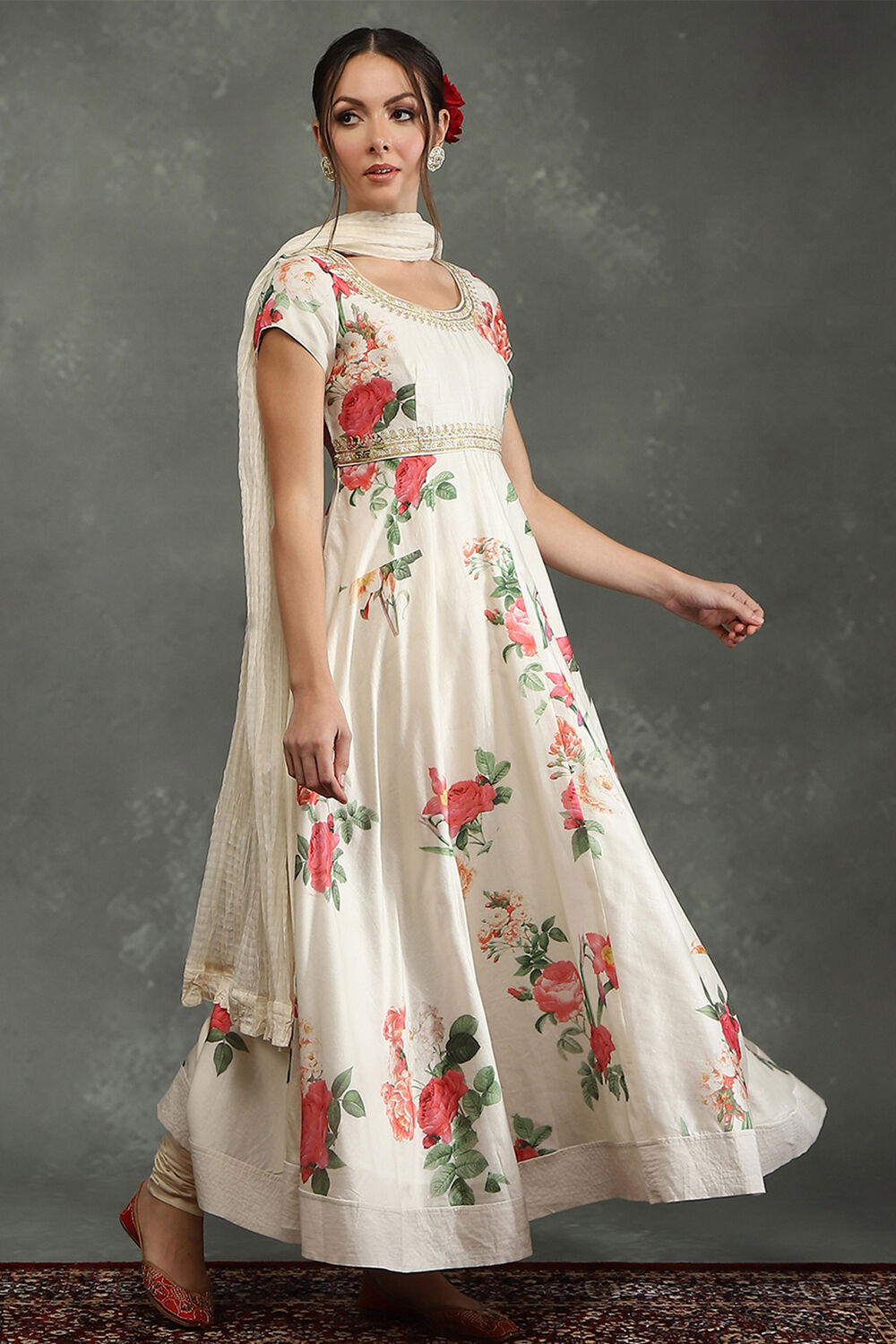 Cream-Colored Silk Chanderi Floral Printed Anarkali Suit Set image number 5
