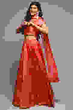 Coral Pink Cotton Blend Lehenga Set image number 5