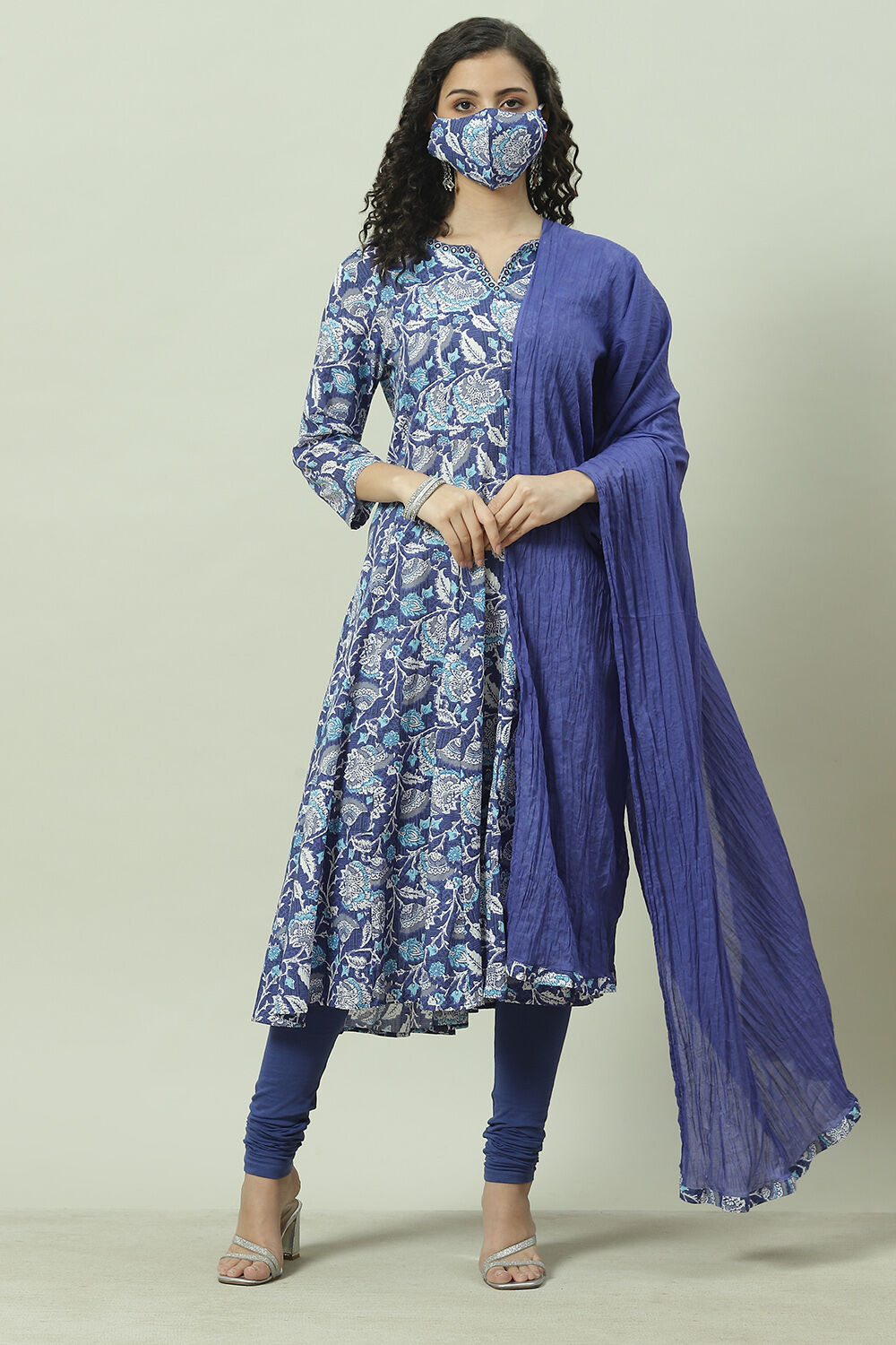 Blue Cotton Kalidar Kurta Churidar Suit Set image number 7