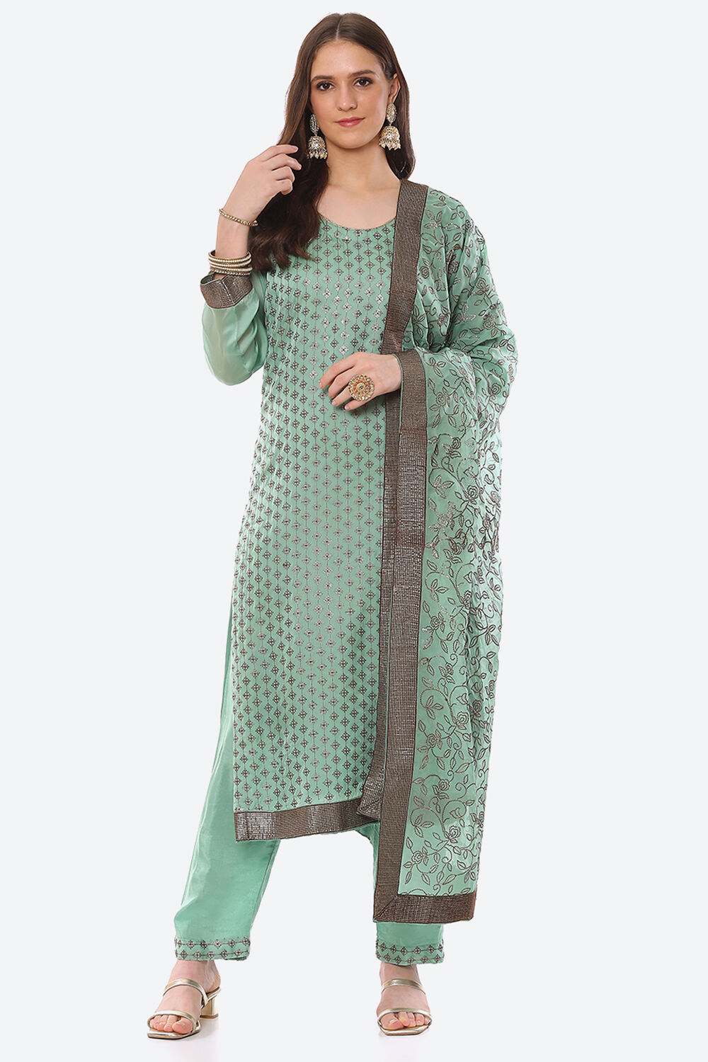 Green Organza Satin Unstitched Suit Set image number 0