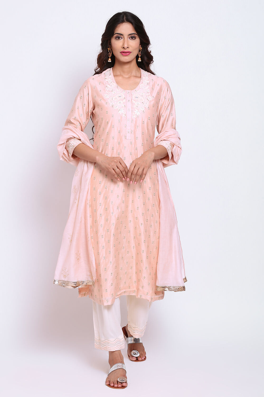 Peach Cotton Silk Straight Kurta Palazzo Suit Set image number 4