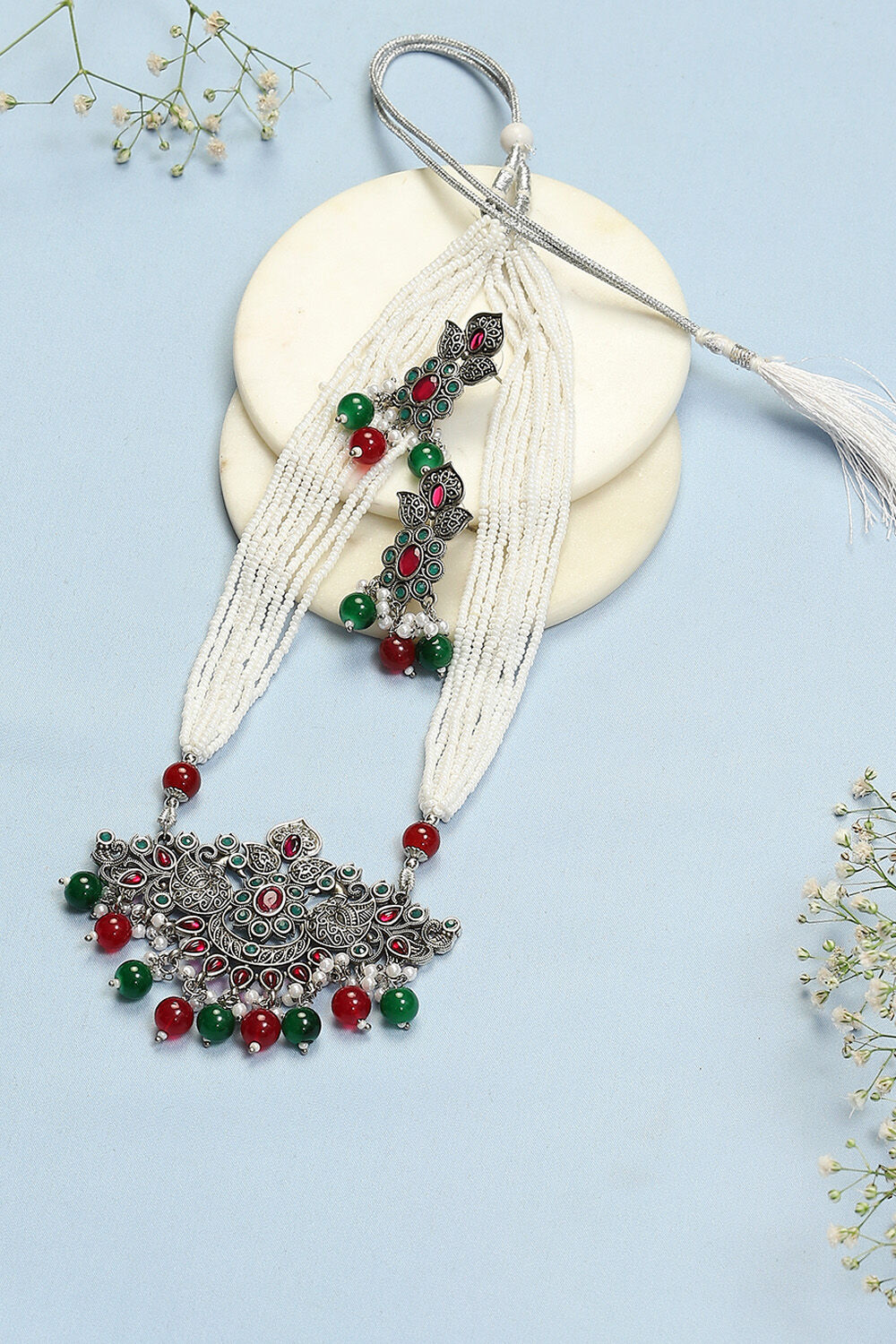 Pink Green Brass Necklace Set image number 0