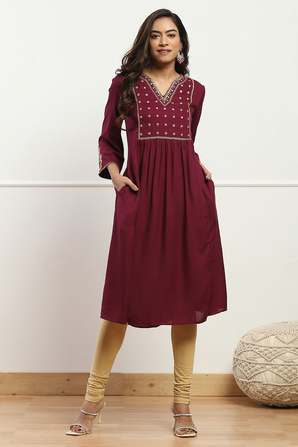 Camel Cotton Blend Solid Churidar image number 0