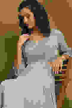 Aqua Green Poly Chiffon Embroidered Festive Tiered Dress image number 0