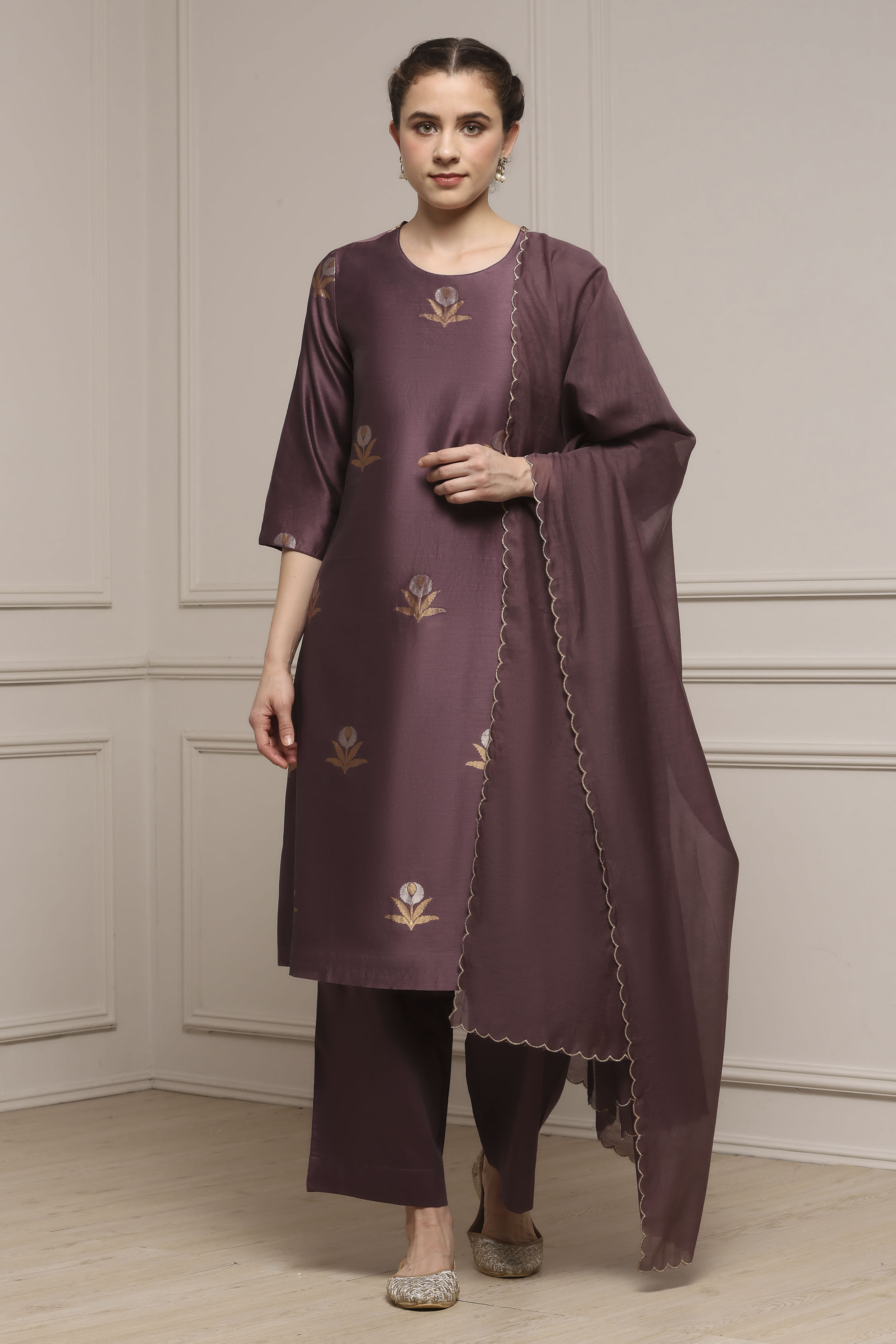 Red Chanderi Printed Straight Suit Set image number 0