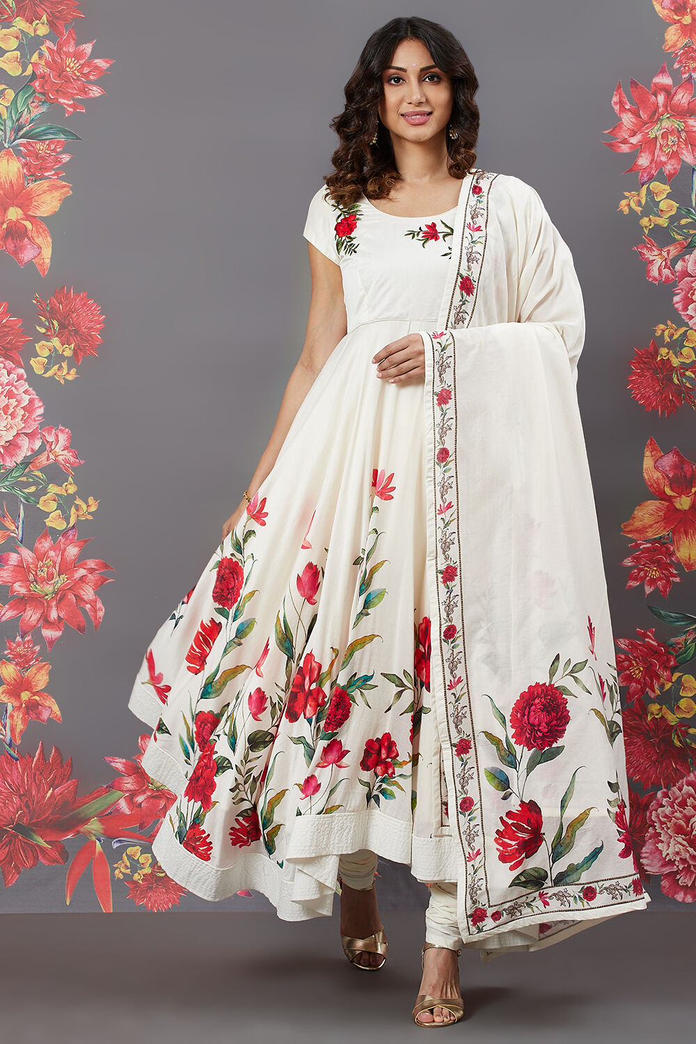 Rohit Bal Beige Cotton Silk Flared Printed Suit Set image number 5