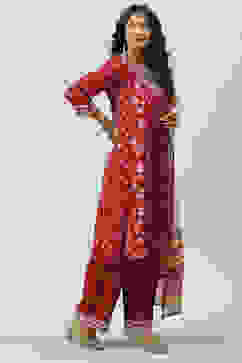 Red LIVA A-Line Kurta Palazzo Suit Set image number 7