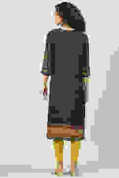 Navy LIVA Straight Printed Kurta image number 4