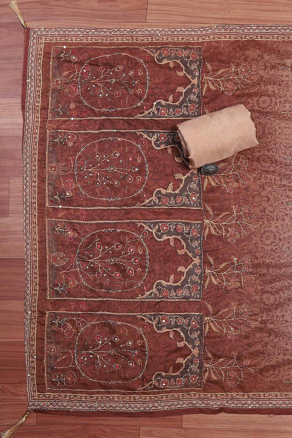 Grey Chanderi Hand Embroidered Unstitched Suit Set image number 3