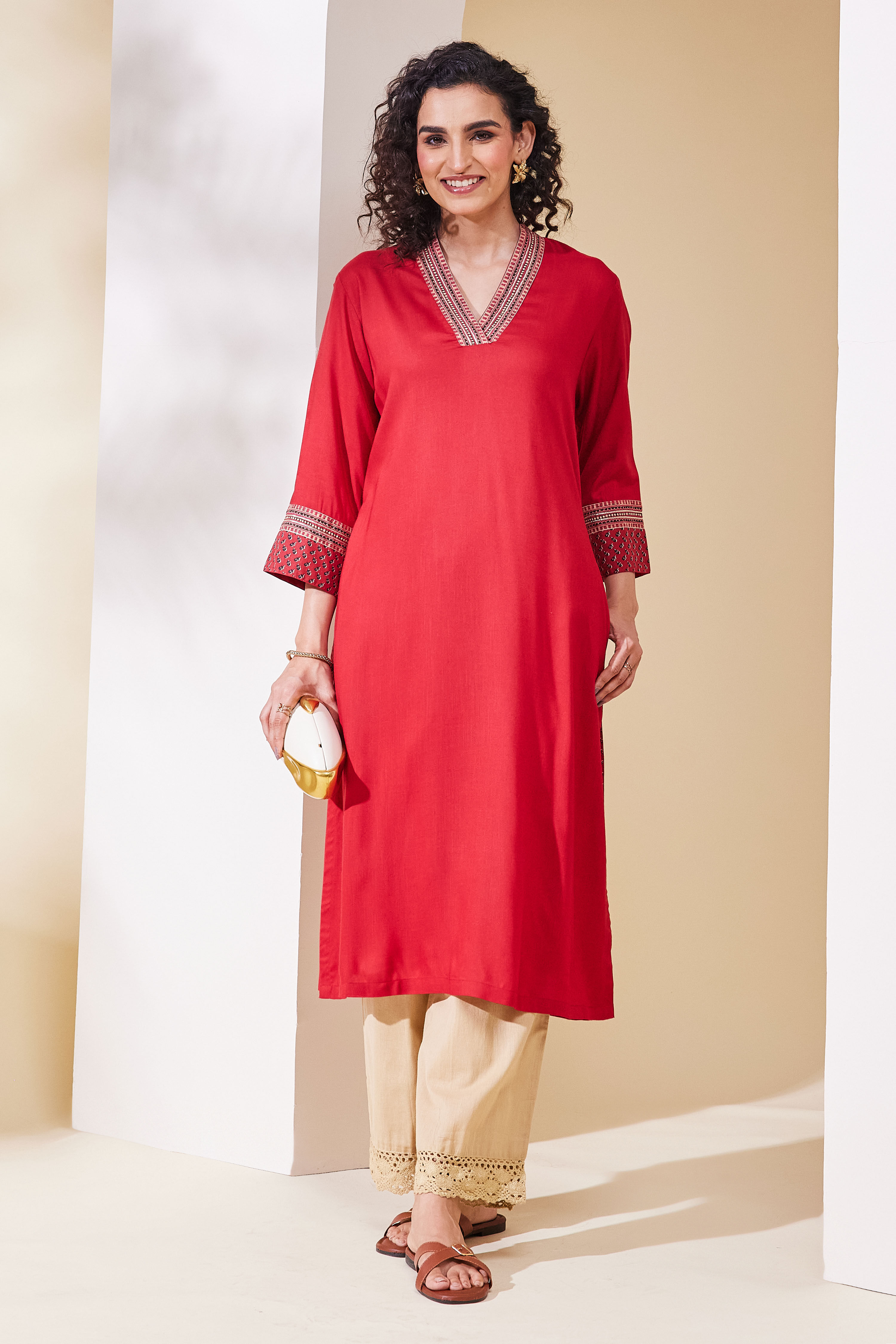 Red Viscose Rayon Straight Kurta image number 0