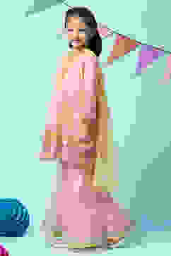 Peach Nylon Gathered Embroidered Kurta Garara Suit Set image number 5