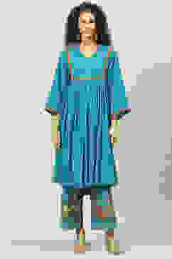 Turquoise Blue Art Silk Gathered Kurta Palazzo Suit Set image number 5