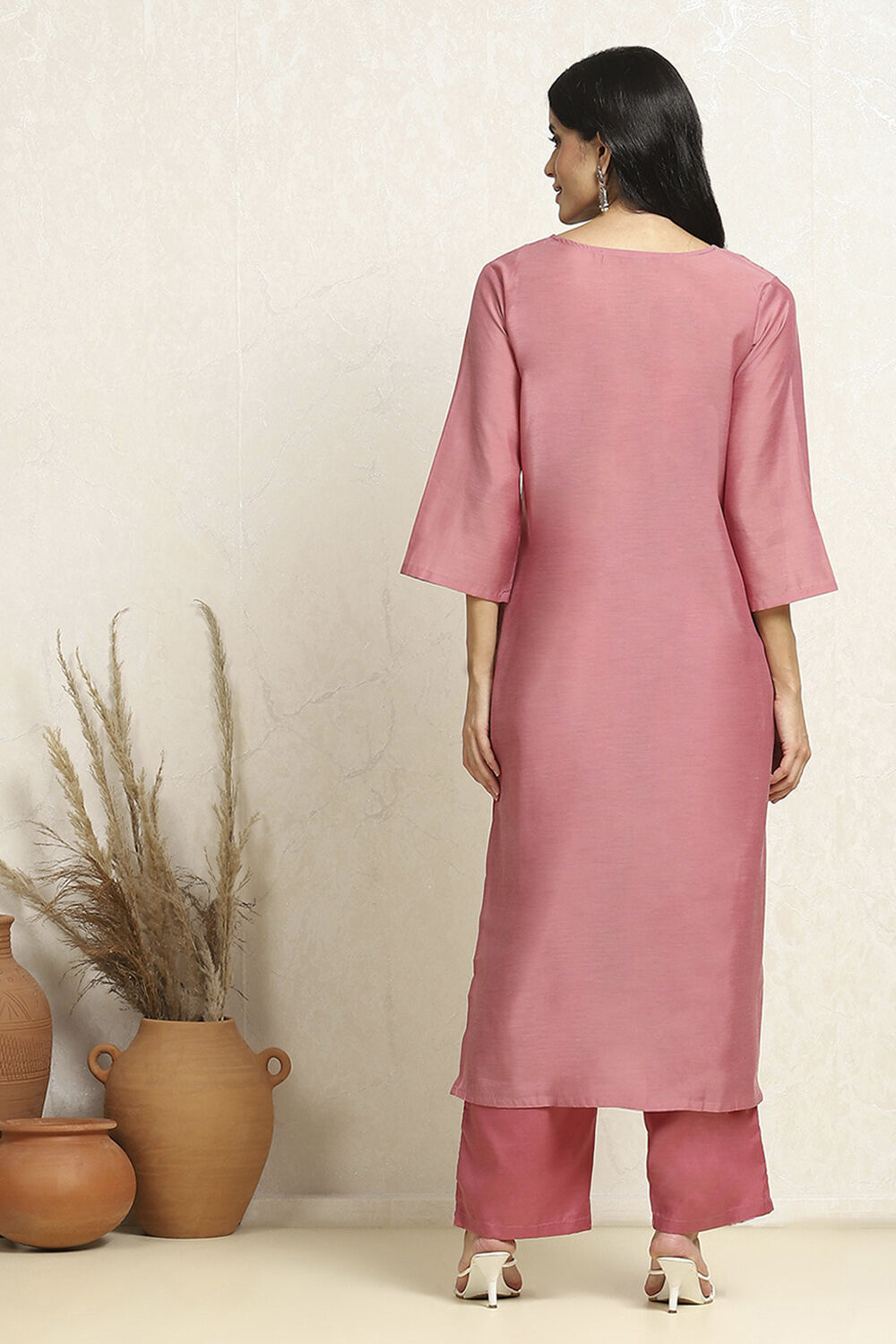 Peach Chanderi Machine Embroidered Unstitched Suit Set image number 5