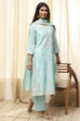 Aqua Cotton Silk Embroidered Straight Suit Set