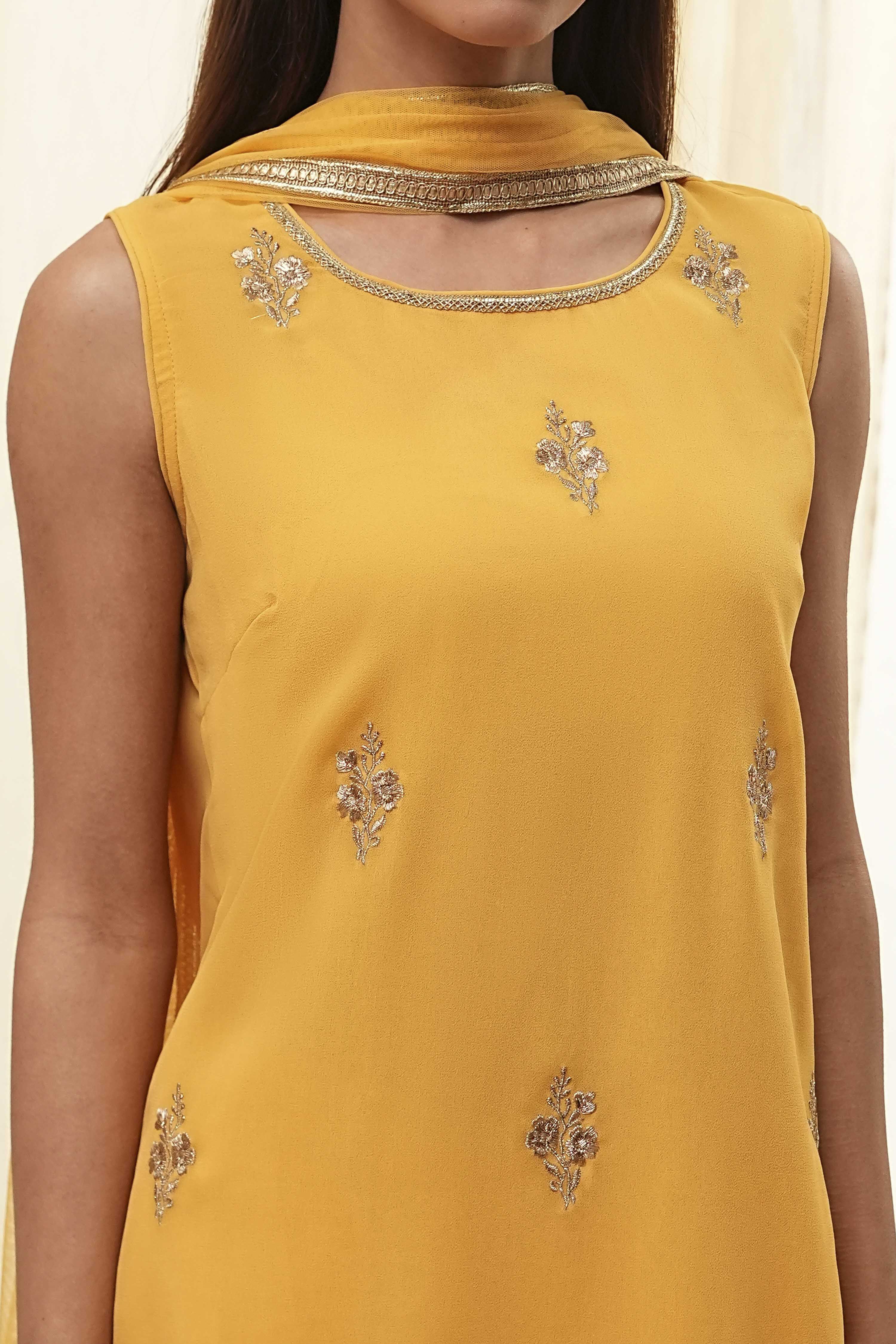 Ochre Yellow Embroidered Straight Suit Set image number 1