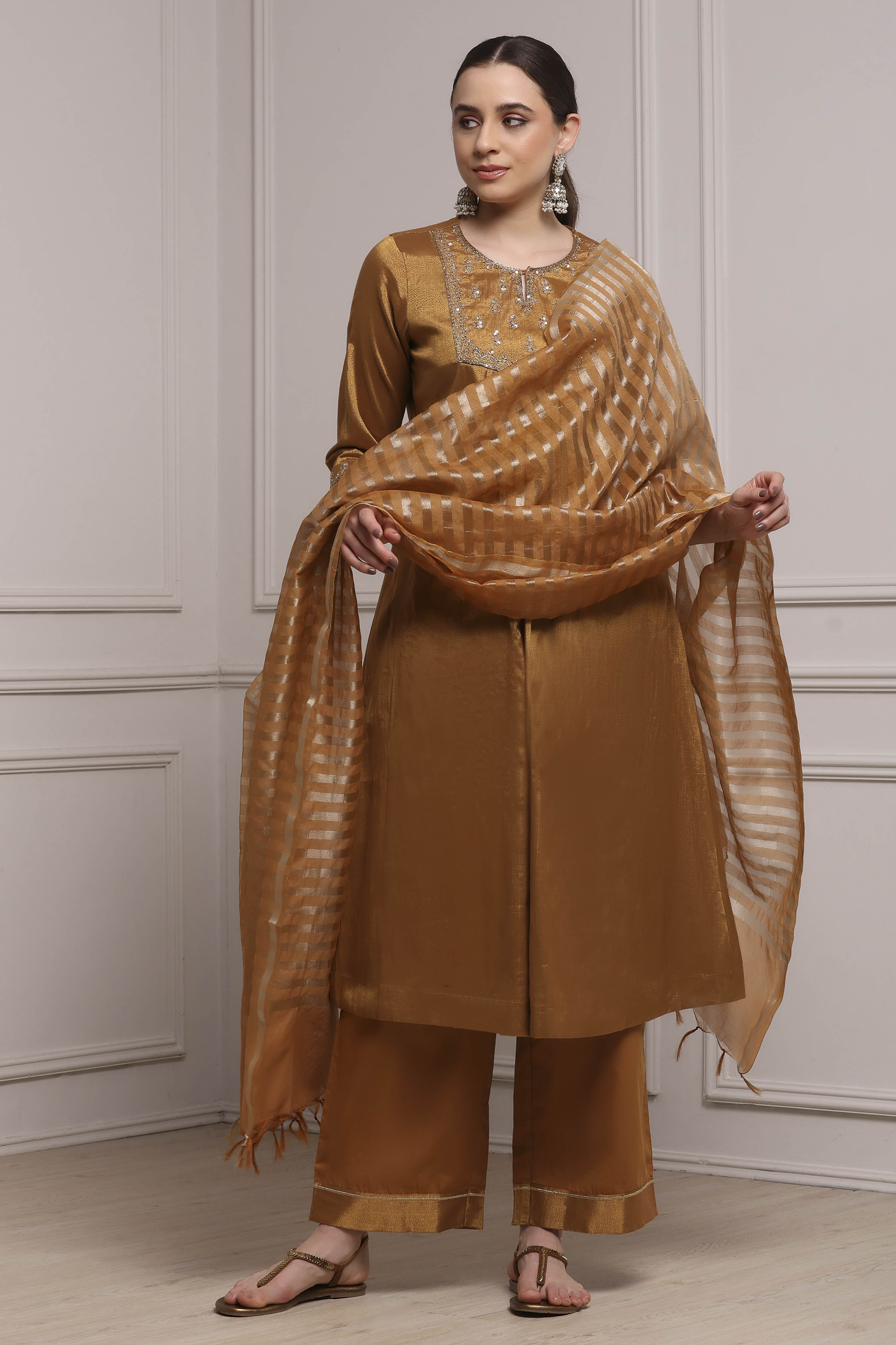 Copper Gold Cotton Tissue Embroidered Gathered Suit Set image number 6