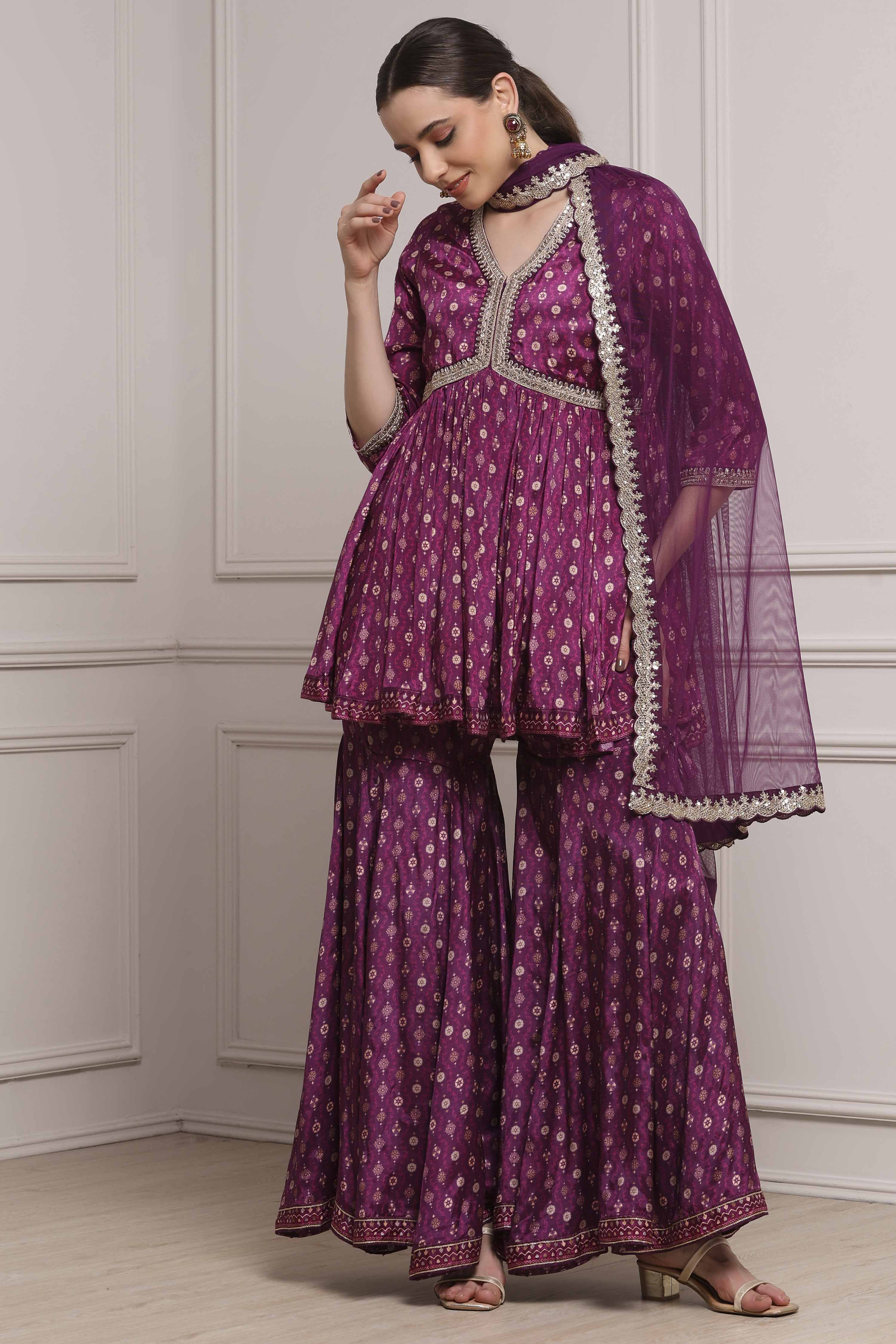 Purple Viscose Shantoon Printed Peplum Garara Suit Set image number 0