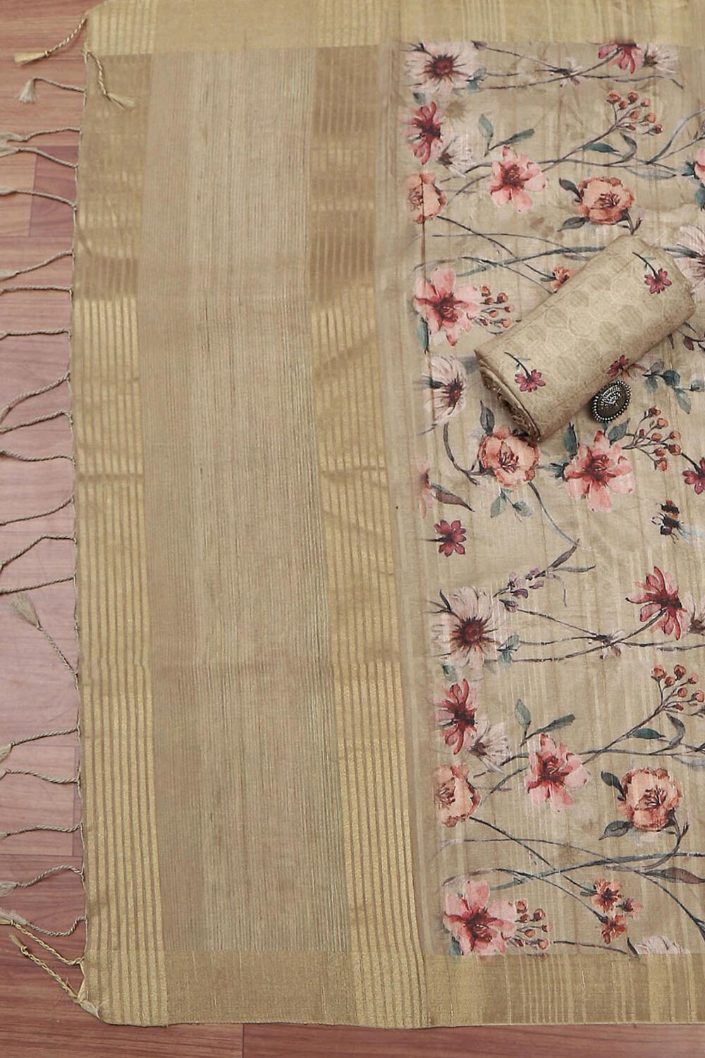 Peach Silk Tussar Handloom Unstitched Suit Set image number 3