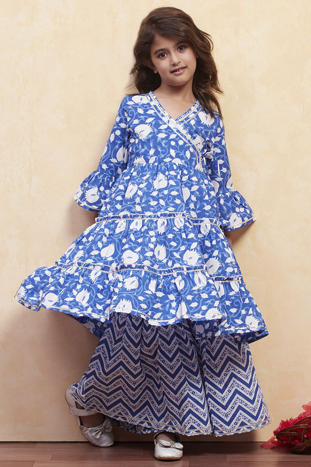 Pink Cotton Angrakha Tiered Kurta Set image number 0