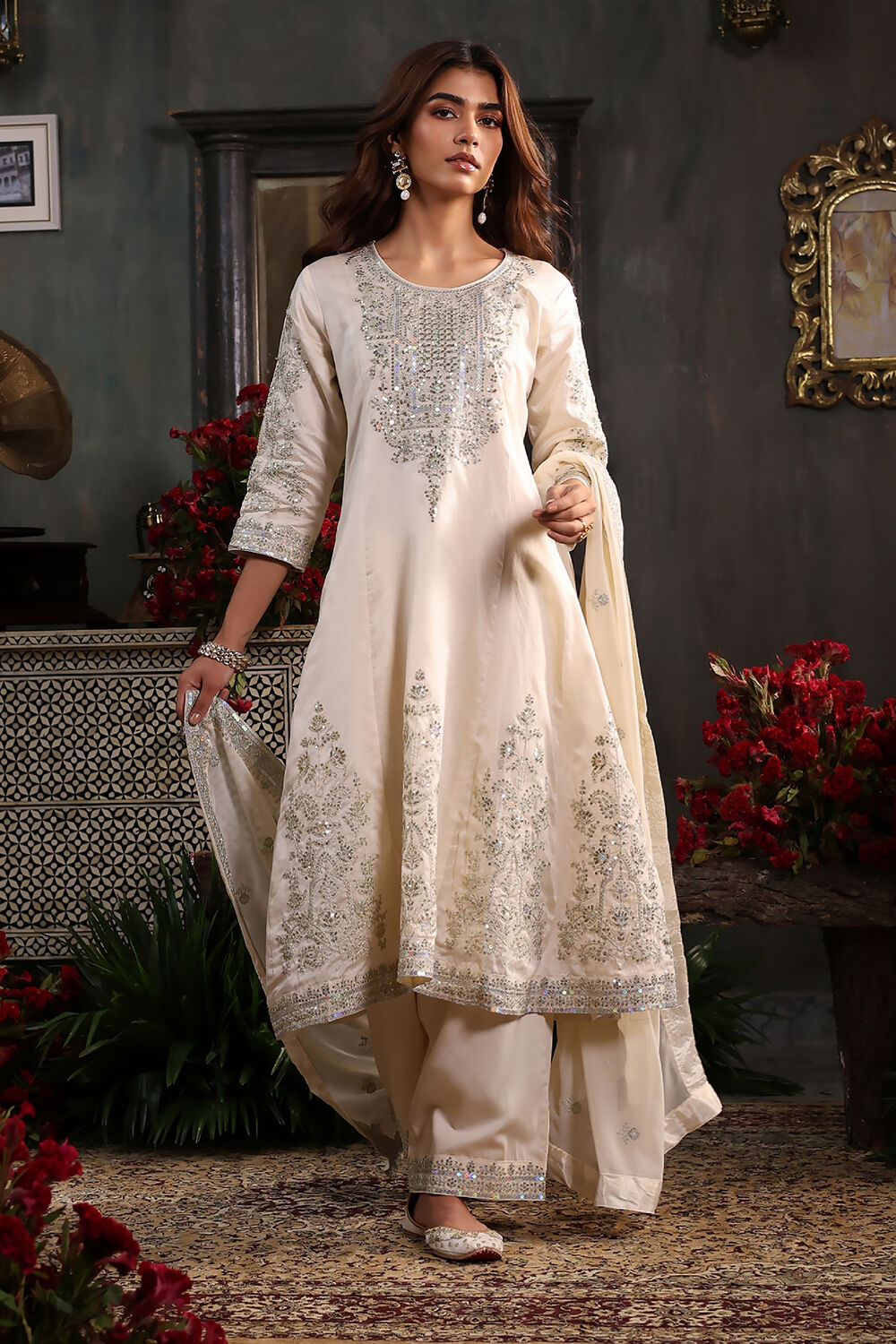 Off-White Cotton Silk Embroidered Kalidar Suit Set image number 0