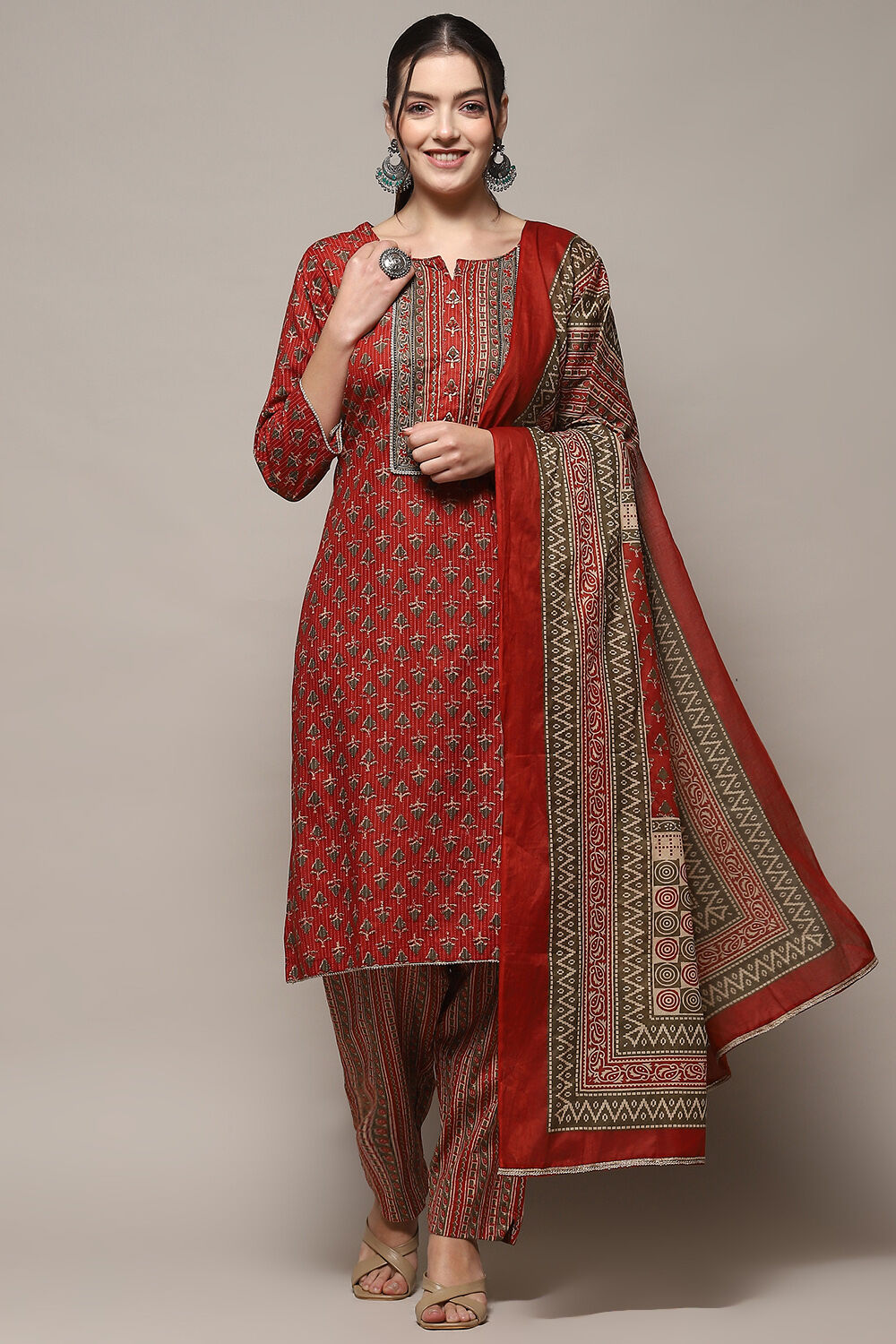 Red Cotton Unstitched Suit set image number 8