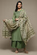 Green Cotton Machine Embroidered Unstitched Suit Set image number 1