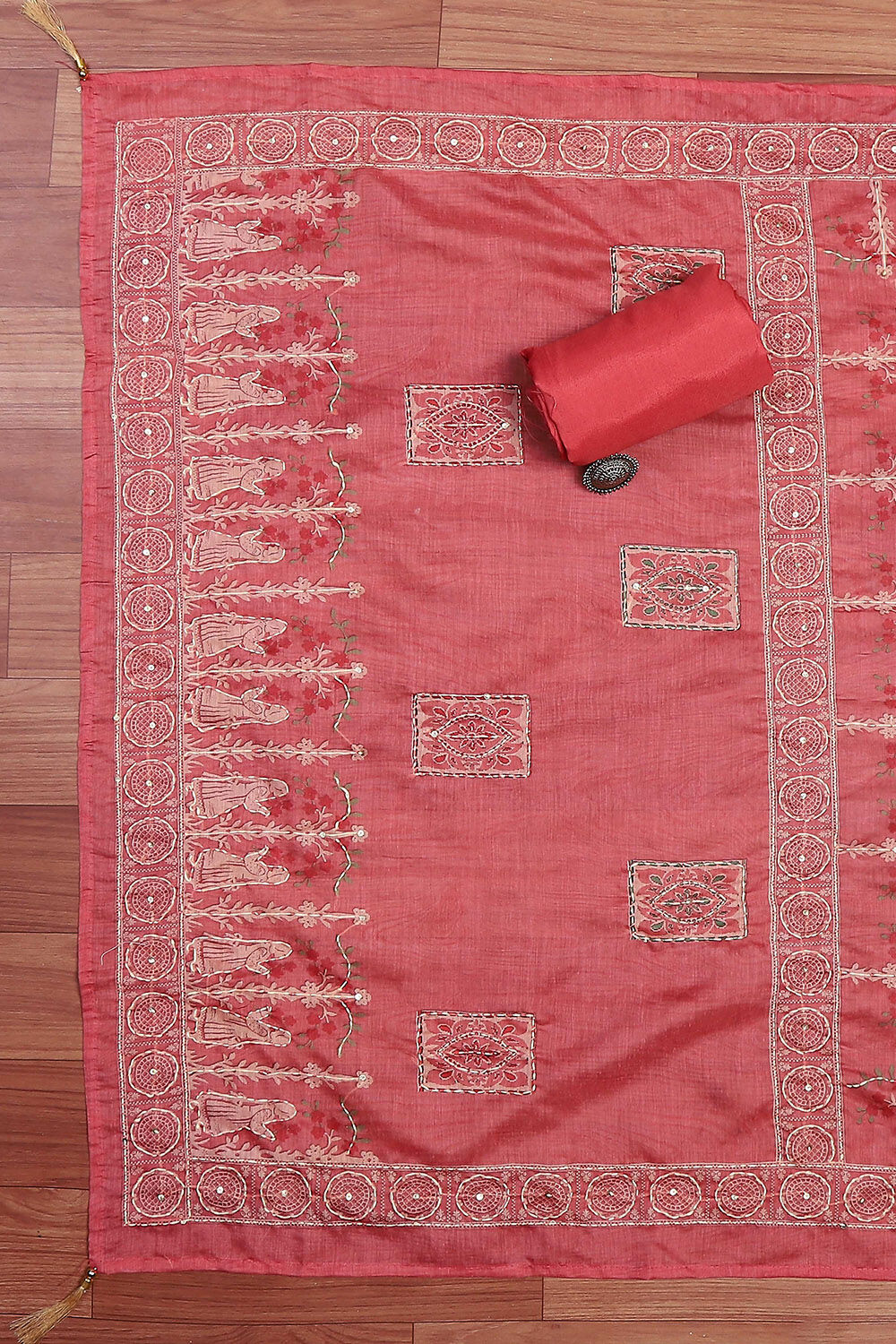 Green Chanderi Hand Embroidered Unstitched Suit Set image number 3