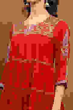 Red Cotton Embroidered Tiered Anarkali Suit Set image number 1