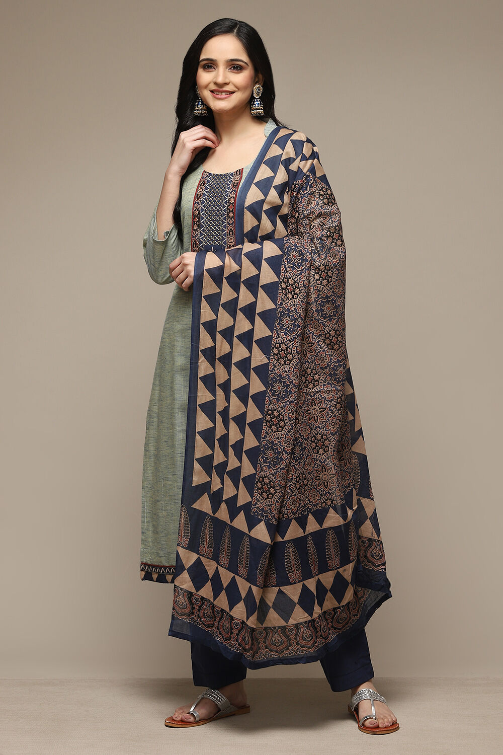 Green Cotton Hand Block Print Unstitched Suit Set image number 0