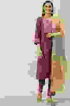 Wine Solid Straight Kurta Regular Pants Suit Set image number 0