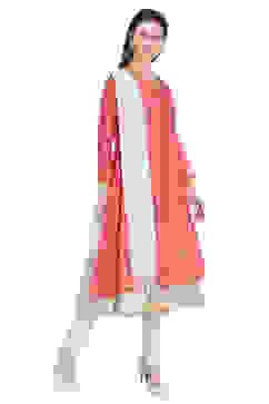 Coral Pink Front Open Cotton Kurta Churidar Suit Set image number 2