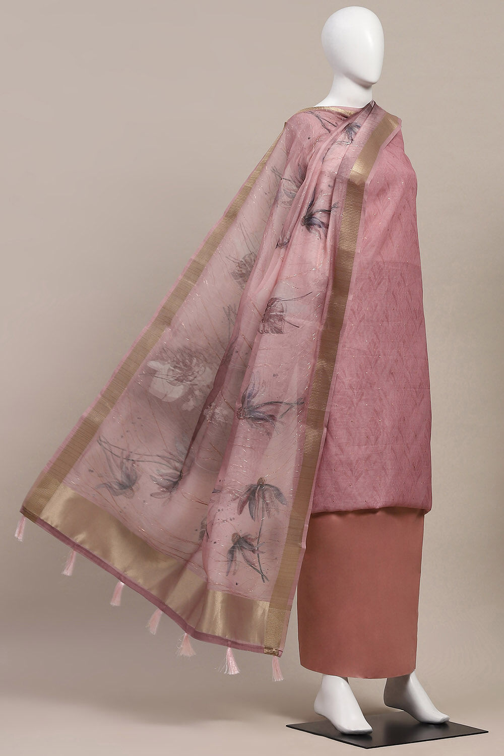 Mint Green Chanderi Double Dupatta Unstitched Suit Set image number 4