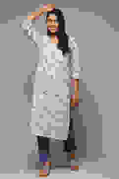 Cream Cotton A-Line Printed Kurta image number 0