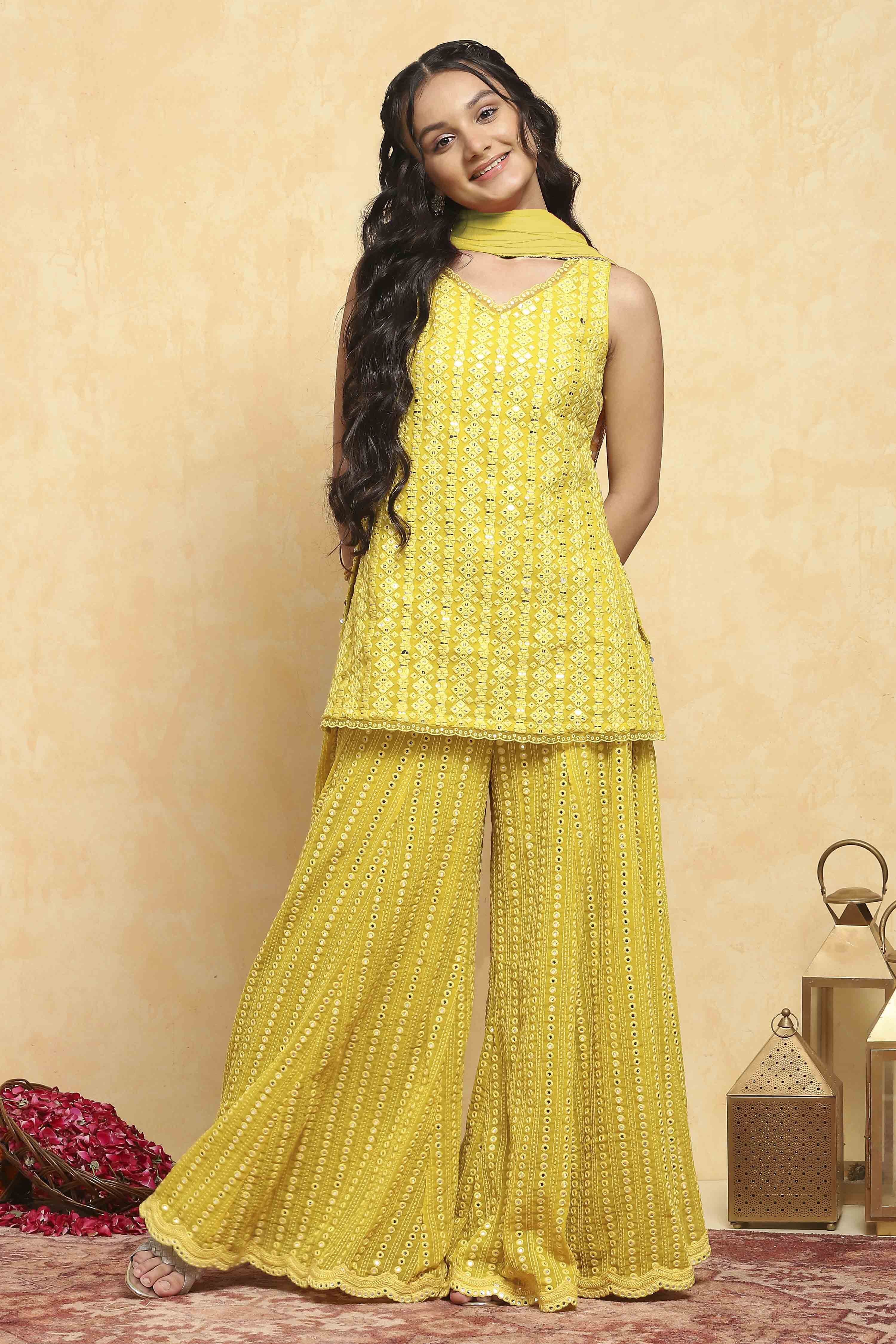 Yellow Polyester Dyed Straight Sharara Suit Set image number 6