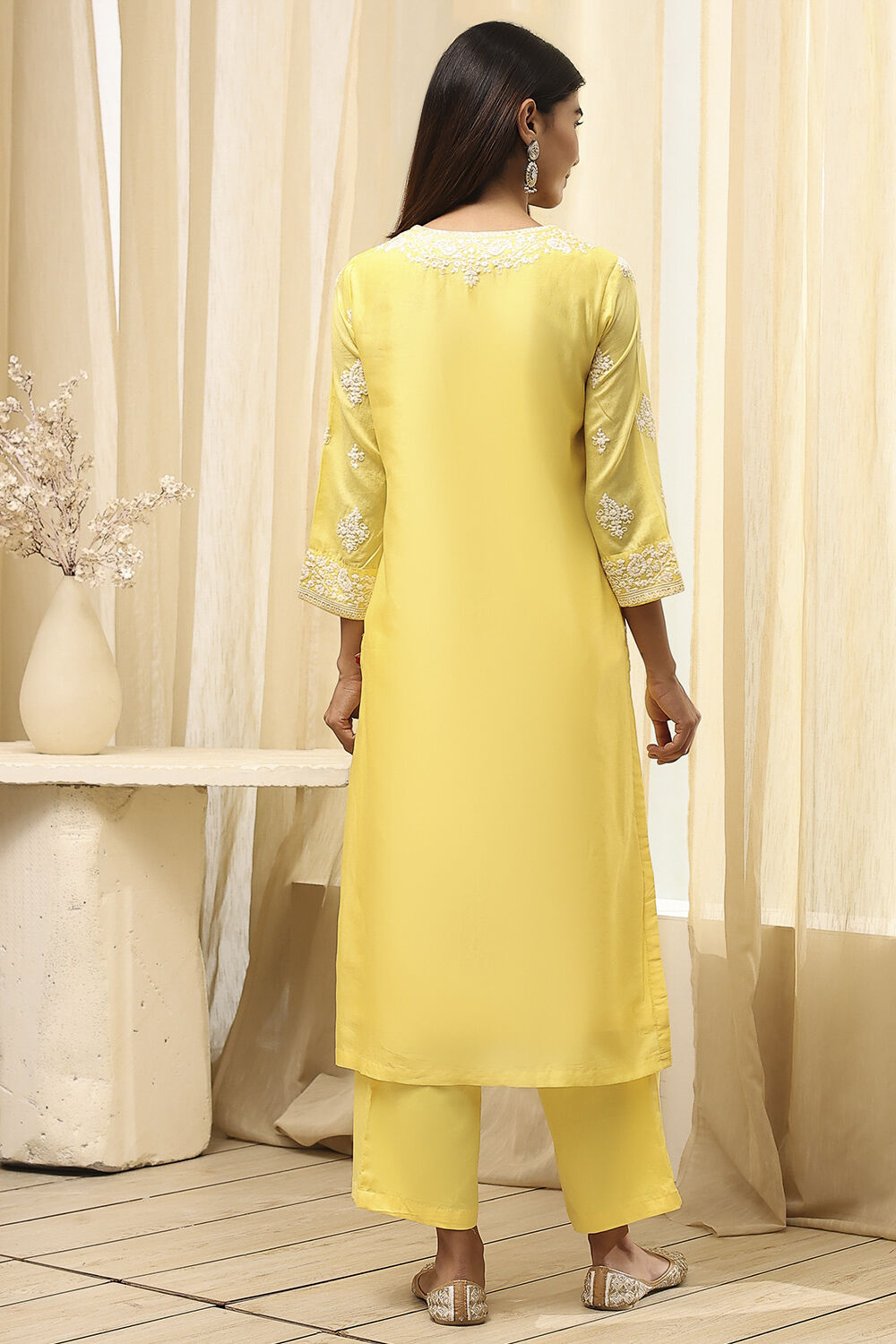 Aqua Cotton Silk Embroidered Straight Suit Set image number 5